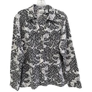 Chicos Eyelet Floral‎ Button Up Cotton Top Sz 2 L Black White Long Sleeve Deep V